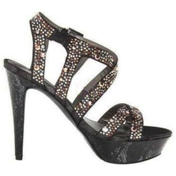 Womens Platform Heels Guess Black 9.5 Metallic Gold Studded Fx Leather Sandals - Picture 1 of 7